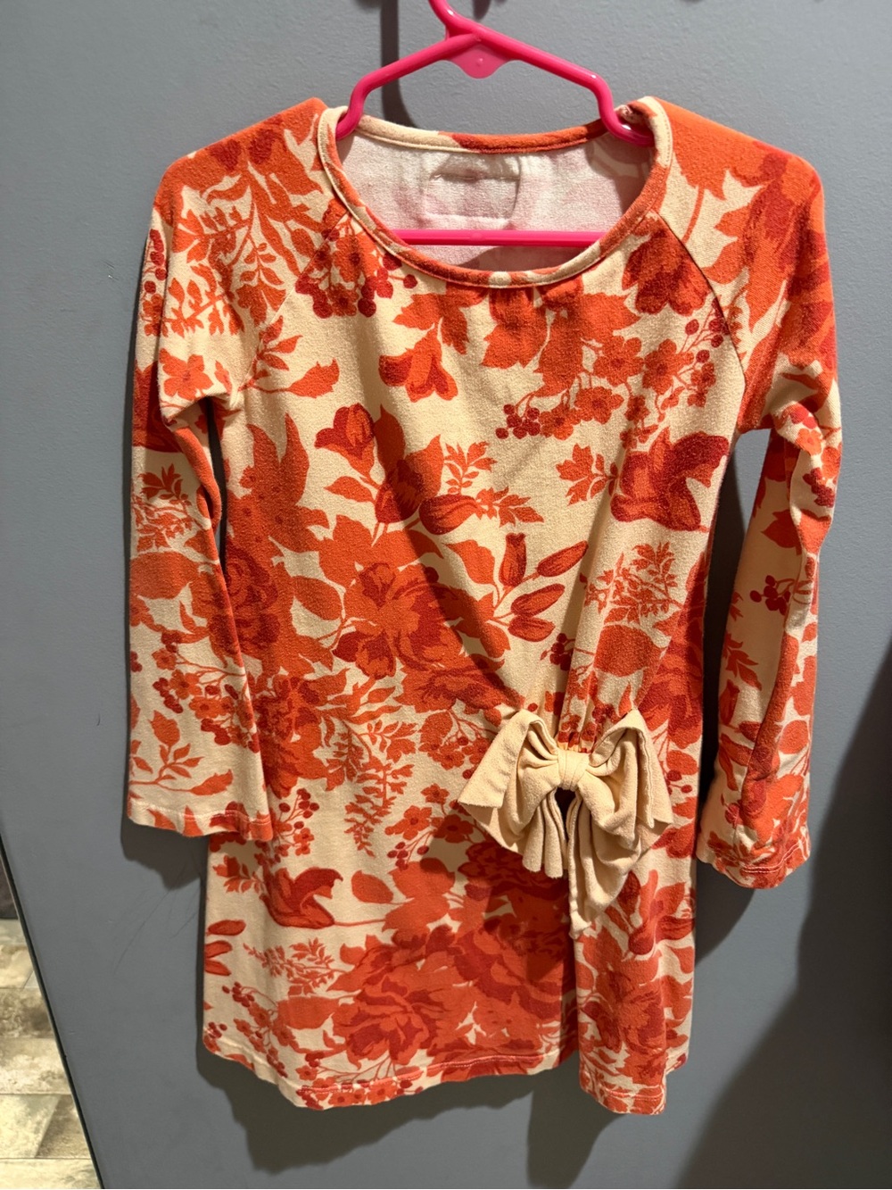 Kids Floral Bow-Accent Long Sleeve Dress - Orange/Cream